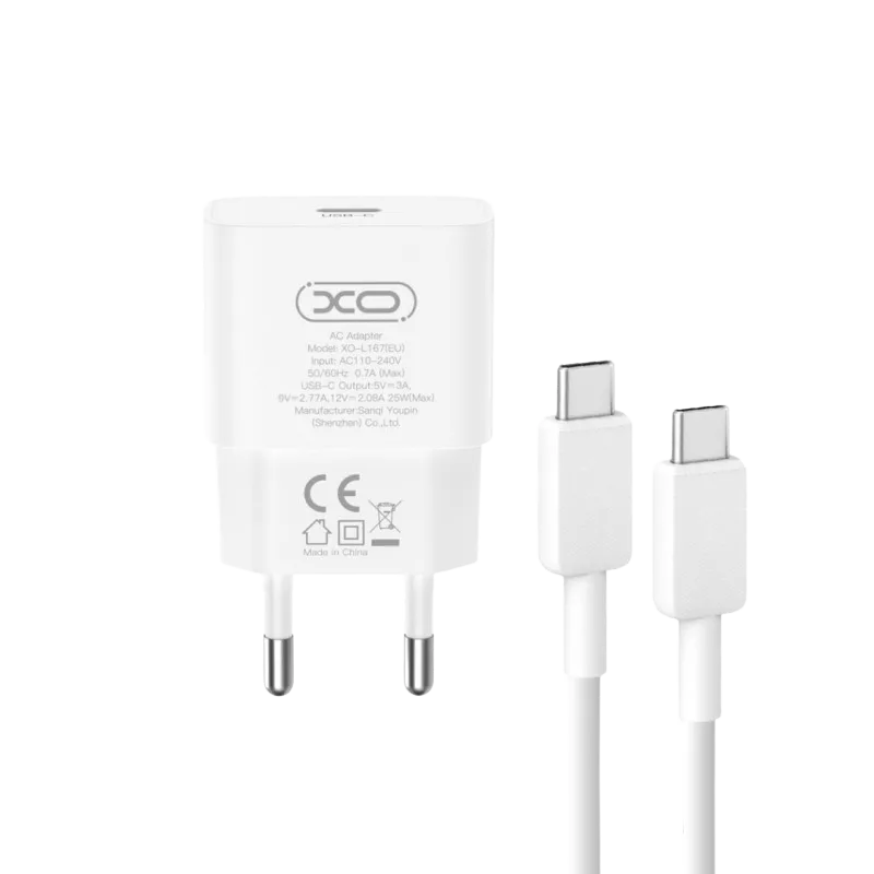 XO Kućni punjač sa kablom od 25W (USB-C) L167, Beli