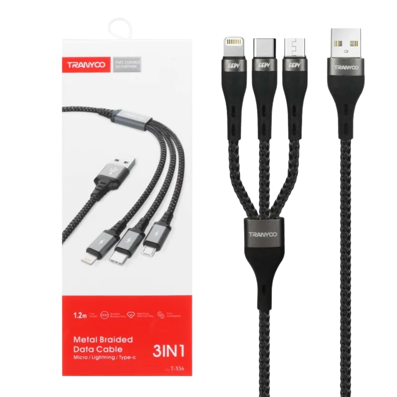 TRANYOO T-XS6 3u1 kabl USB-A (ojačani), Crni