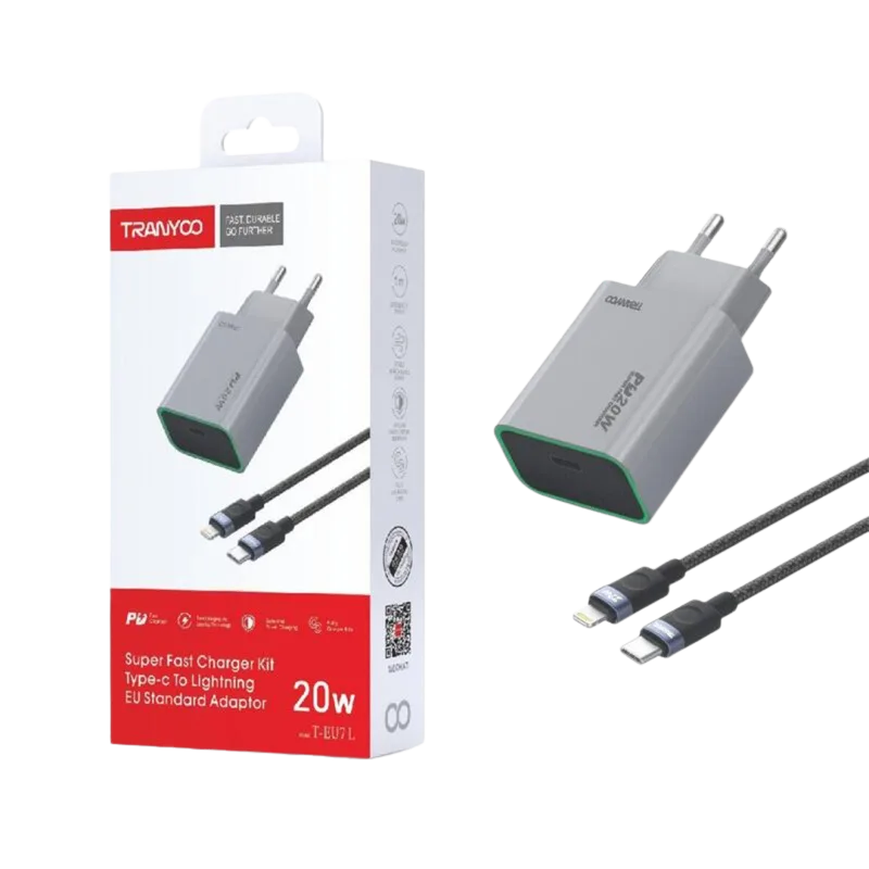 TRANYOO T-EU7L kućni punjač sa kablom 20W, Sivi