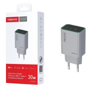 TRANYOO T-EU13 kućni punjač USB-C + USB-A 30W, Sivi