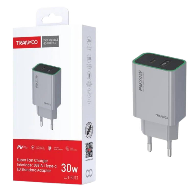 TRANYOO T-EU13 kućni punjač USB-C + USB-A 30W, Sivi